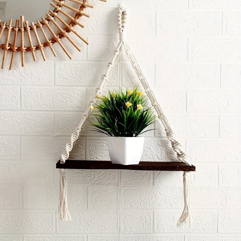 Wall Hanging Floating Shelf, Boho Macrame Wooden Shelf, Wall Hanging Storage Display Rack