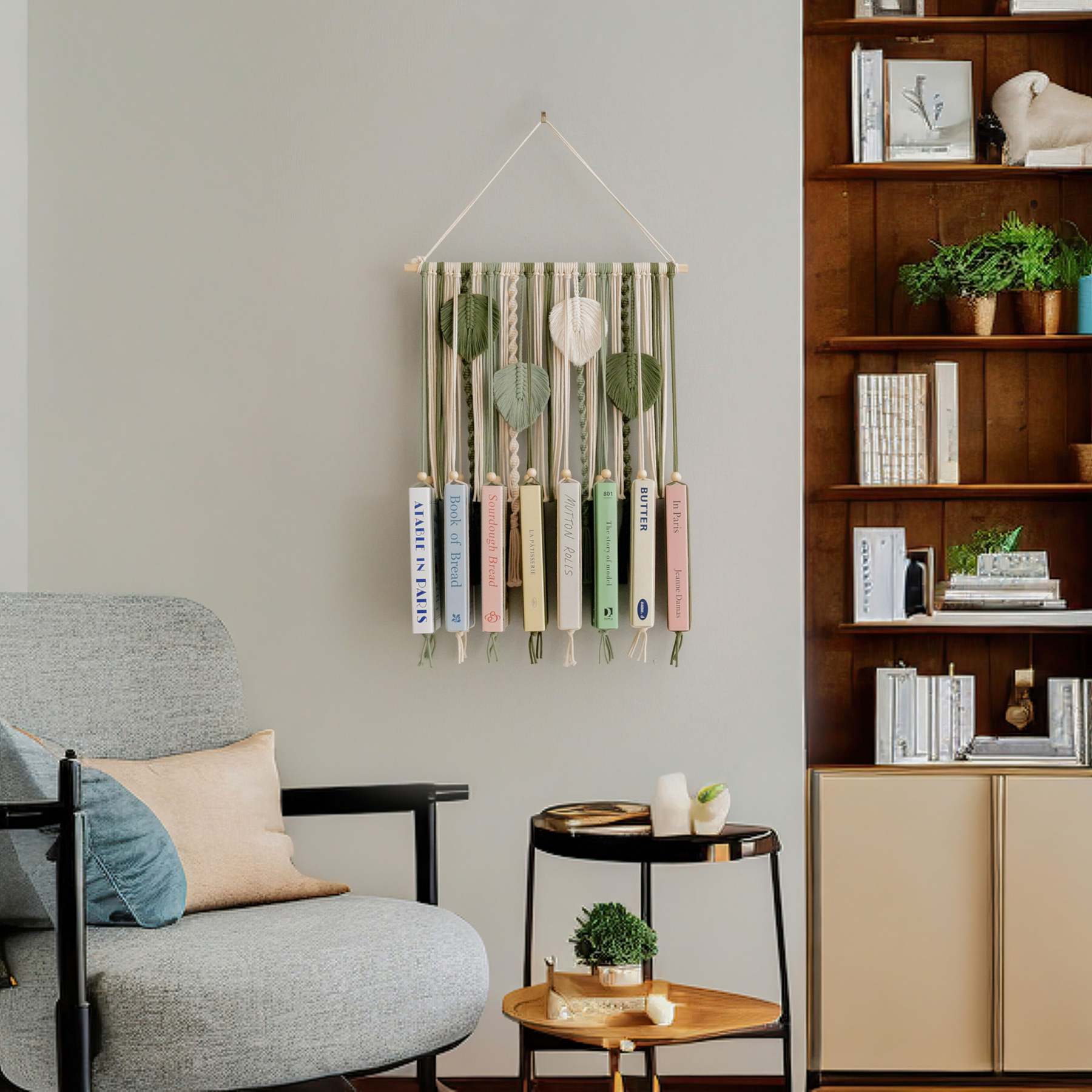 Macrame Leaves Bookshelf For Boho Wall Art And Mid Century Modern Decor