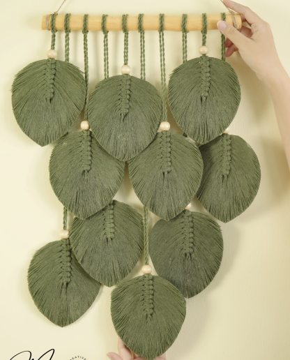 Macrame Leaves Wall Art, Hanging Art for Home, Leaf Over Bed Art, Abstract Shape Wall Decor, Plant Earthy Decor, Boho Decor Green Macrame