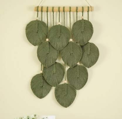 Macrame Leaves Wall Art, Hanging Art for Home, Leaf Over Bed Art, Abstract Shape Wall Decor, Plant Earthy Decor, Boho Decor Green Macrame