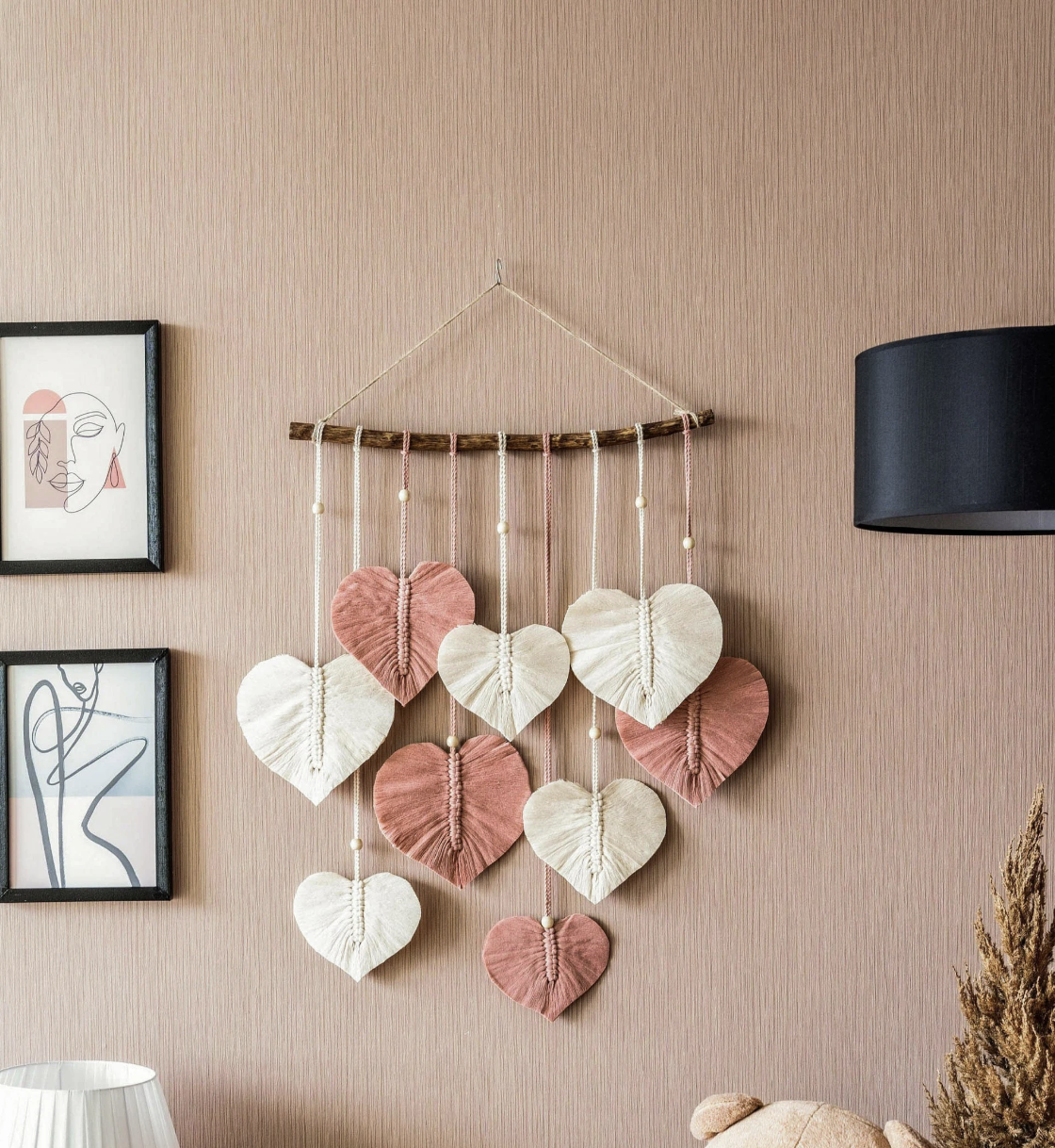 Heart Macrame Wall Hanging, Heart Wall Art, Macrame Leaf Feather, Vale