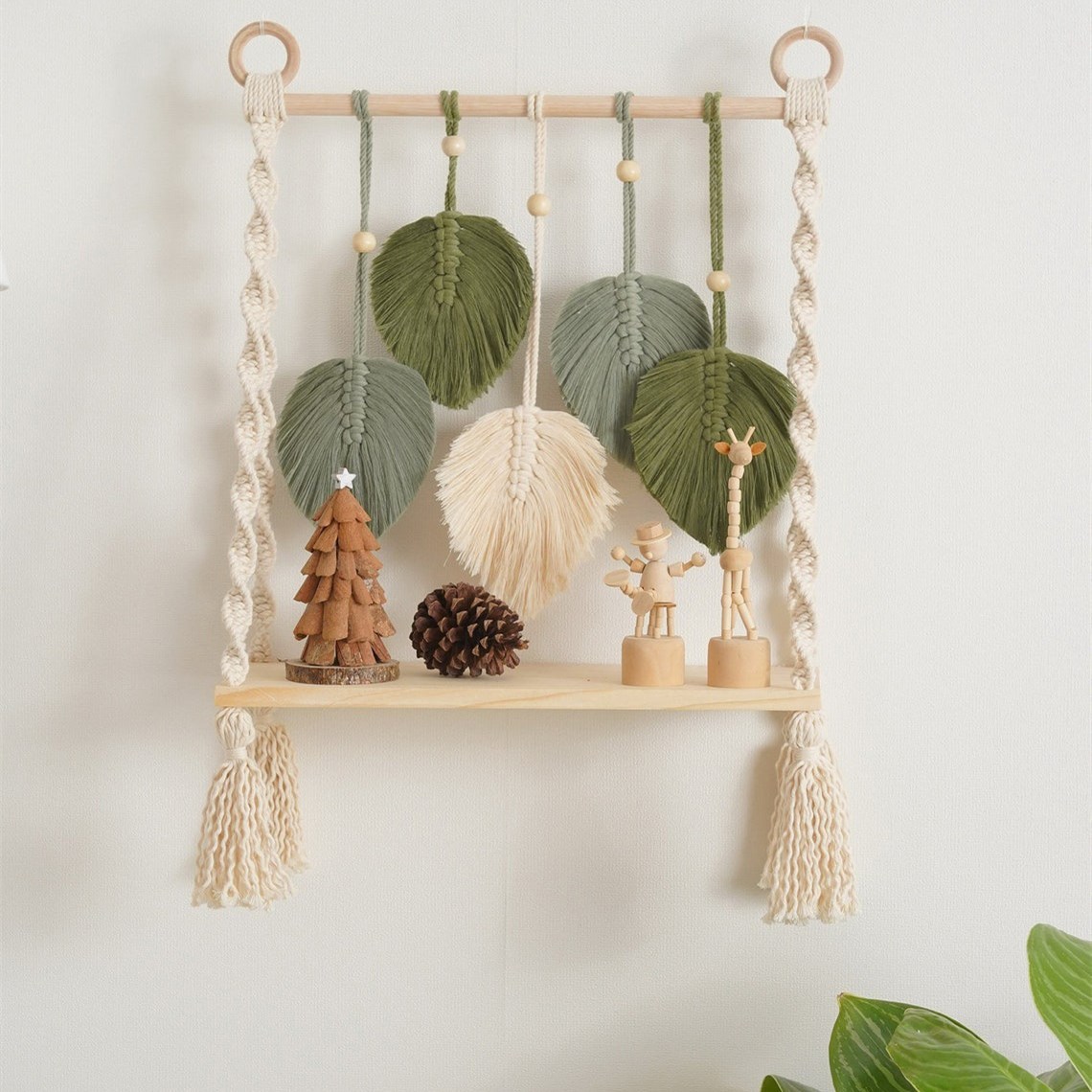 Macrame Wood Shelf Macrame Shelf, Floating Plant Shelf Hanging Wall Shelf