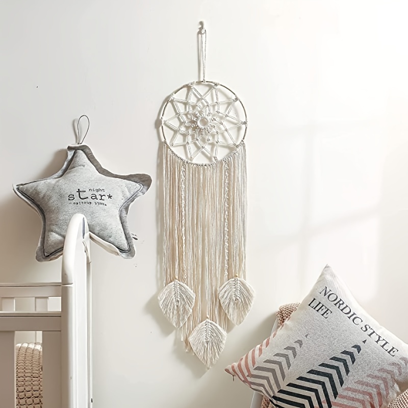 Boho Dream Catcher with Leaves Shaped Tassels - Handcrafted Home Decoration for Good Vibes and Positive Energy