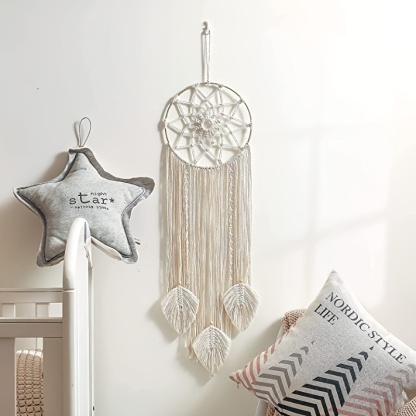 Boho Dream Catcher with Leaves Shaped Tassels - Handcrafted Home Decoration for Good Vibes and Positive Energy