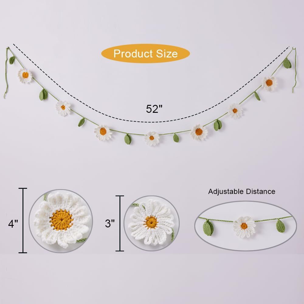 Crochet white daisy flower with leaves wall hanging Garland for boho nursery baby kids bedroom