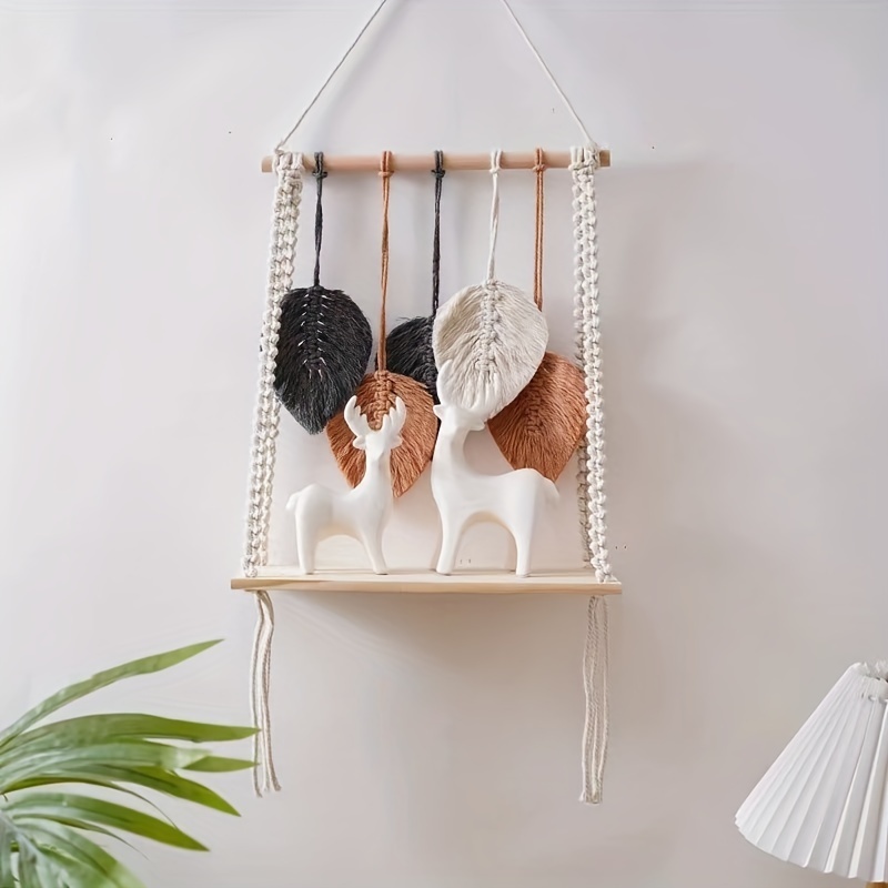 Boho Chic Leaf-Inspired Floating Shelf - Handwoven Tapestry Wall Hanging Storage Rack, White Fabric