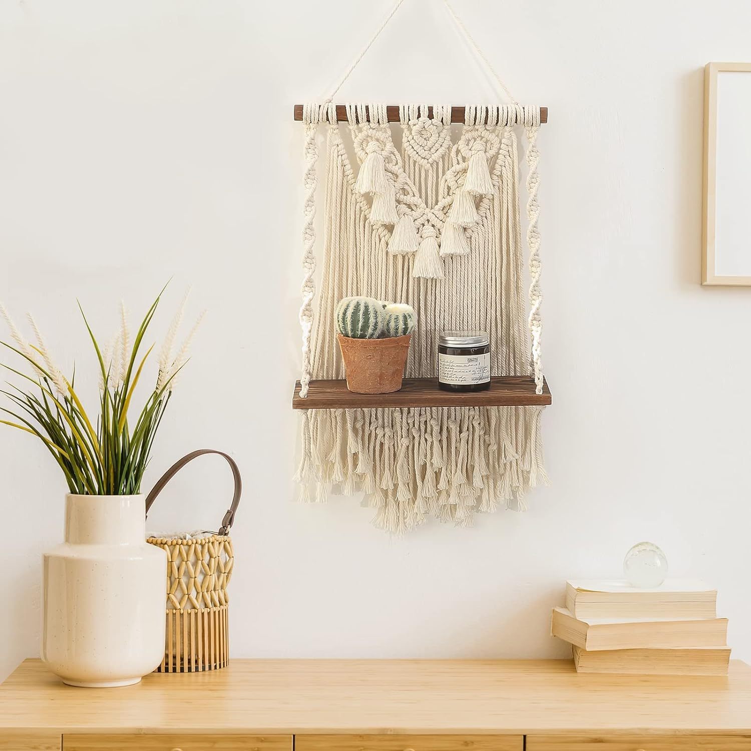 Single Tier Macrame Boho Wall Hanging Shelf, Handmade Bohemian Wooden Woven Plants Floating Shelves Decor