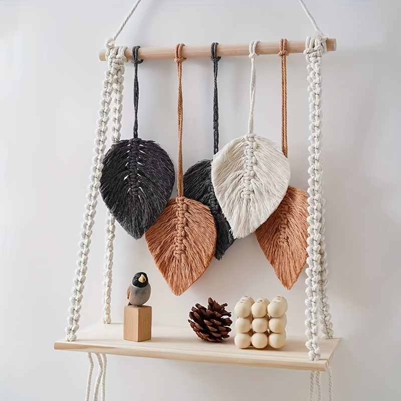 Boho Chic Leaf-Inspired Floating Shelf Handwoven Tapestry Wall Hanging Storage Rack, White Fabric