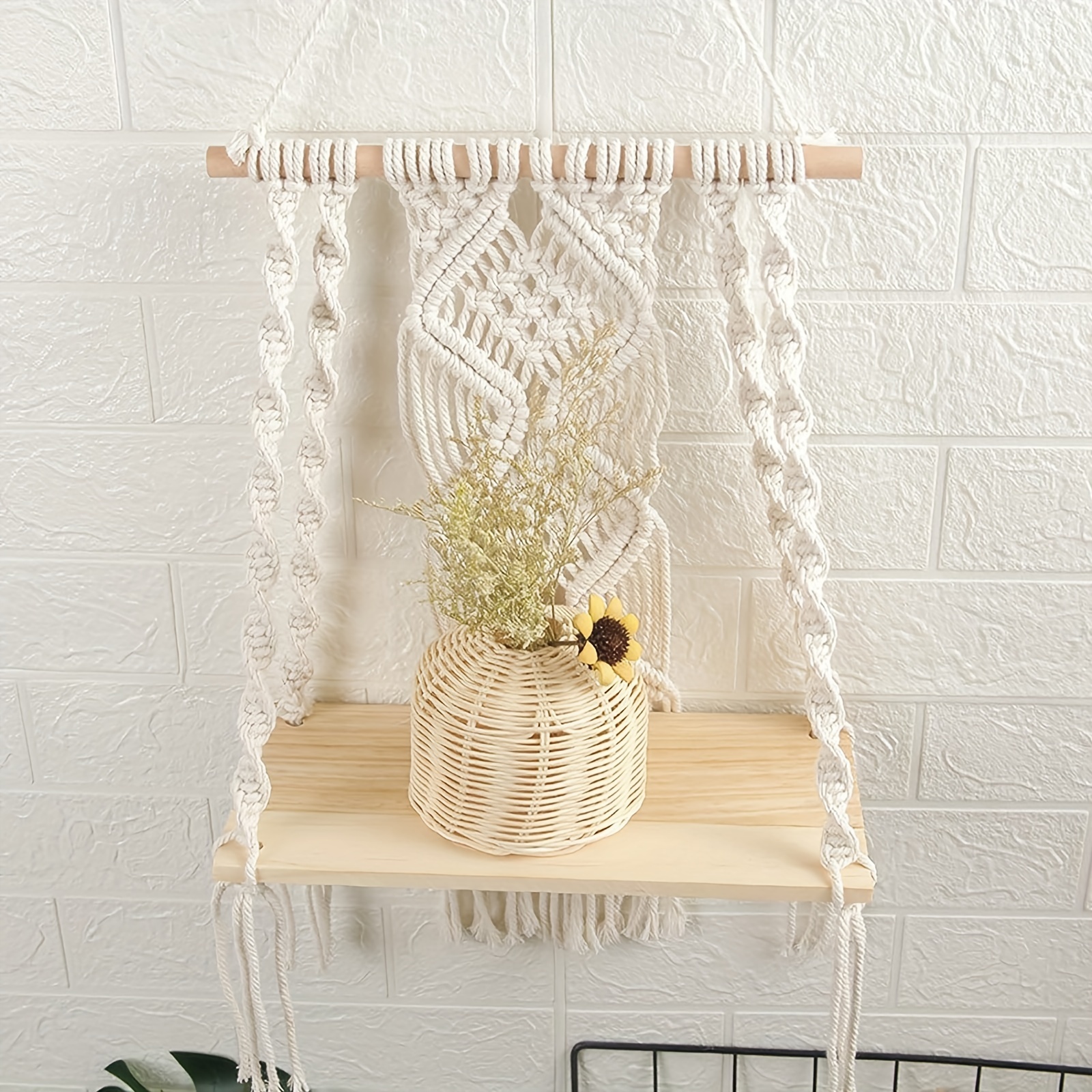 Boho Macrame Wall Shelf, Wall Hanging Storage Shelf, Tassel Woven Macrame Wall Shelf