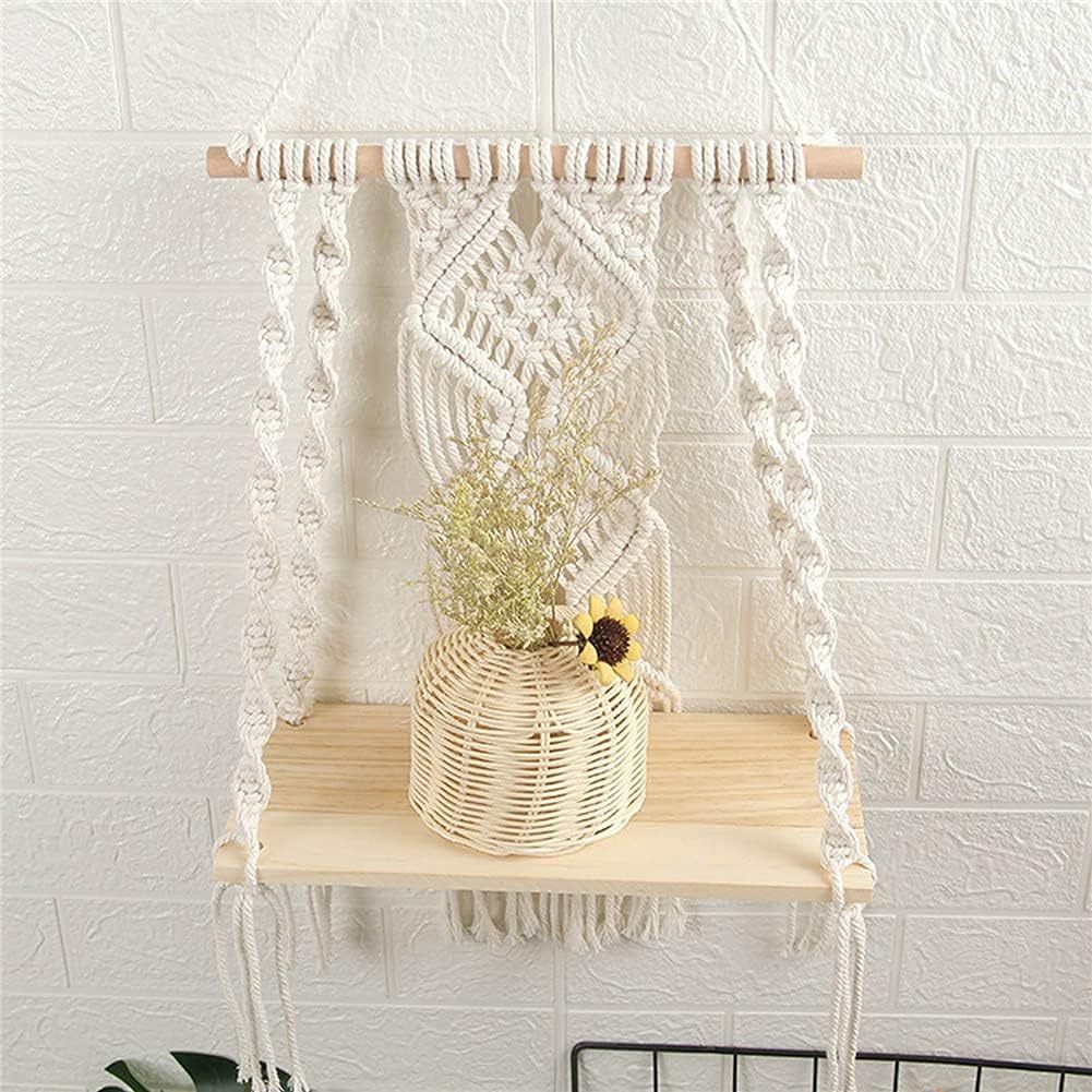 Macrame Wall Hanging Plant Decor Shelf Floating Wood shelve Decorative Hand Made Rope Boho Shelving for Plants