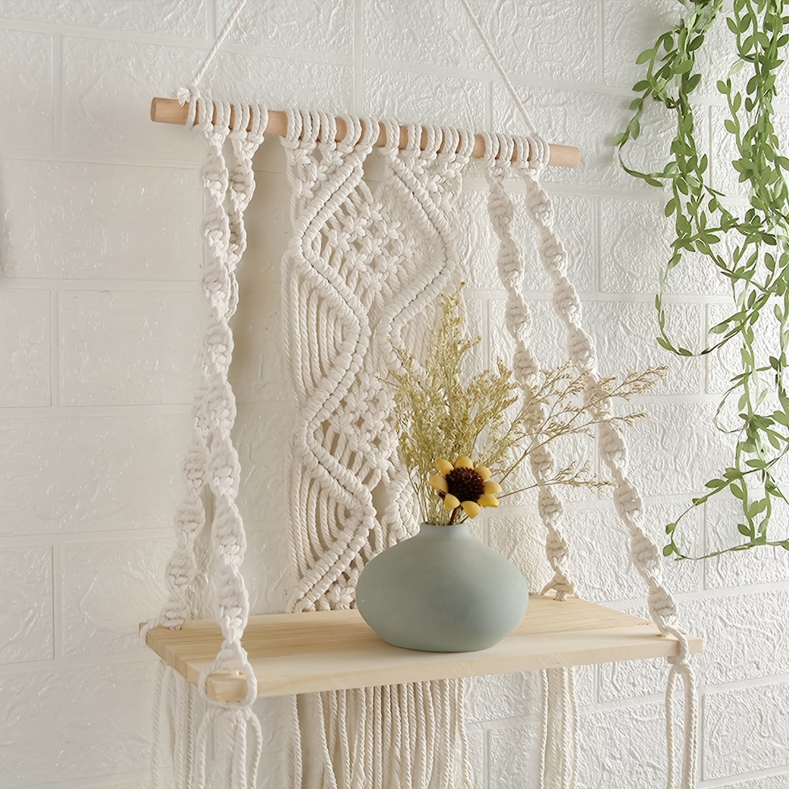 Boho Macrame Wall Shelf, Wall Hanging Storage Shelf, Tassel Woven Macrame Wall Shelf