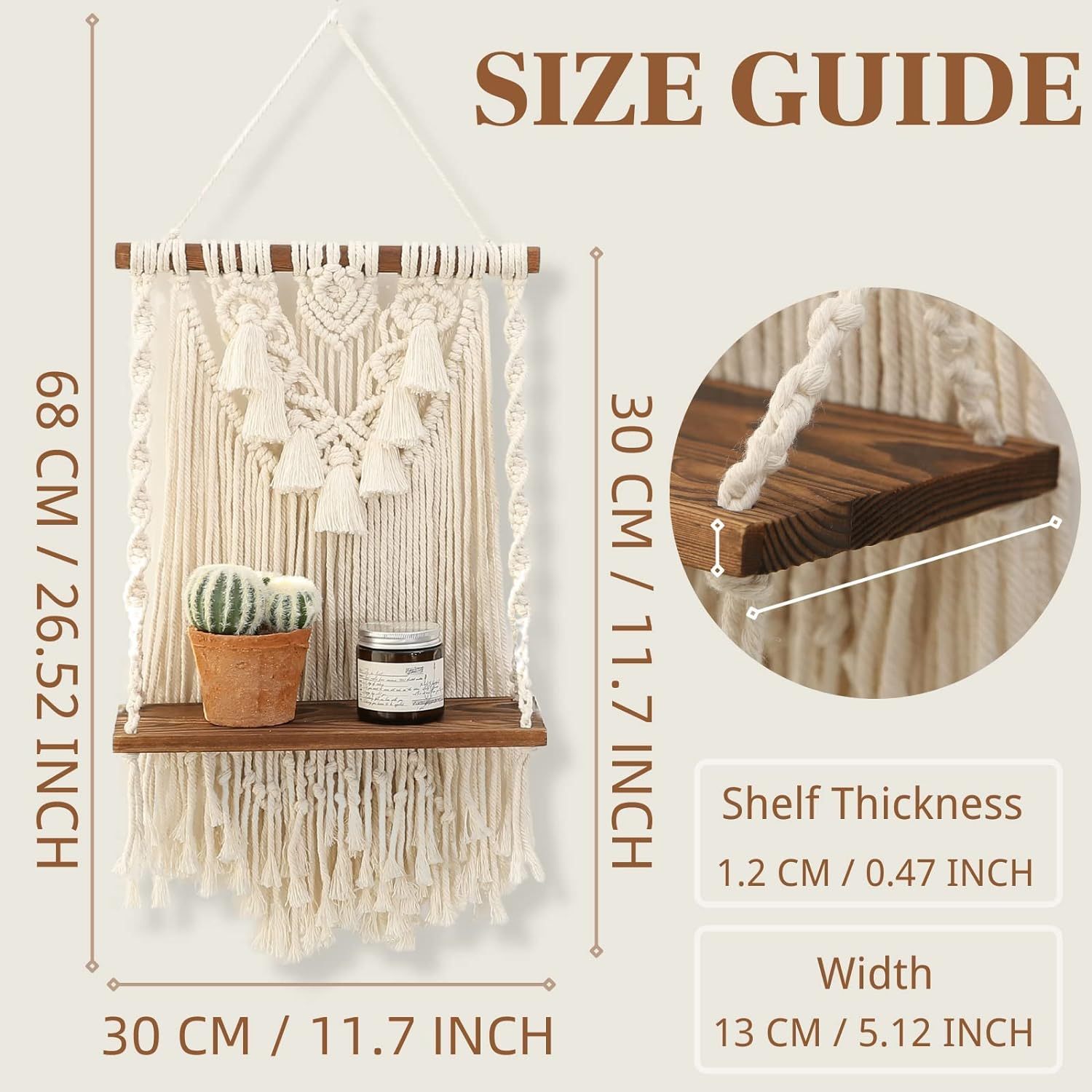 Single Tier Macrame Boho Wall Hanging Shelf, Handmade Bohemian Wooden Woven Plants Floating Shelves Decor
