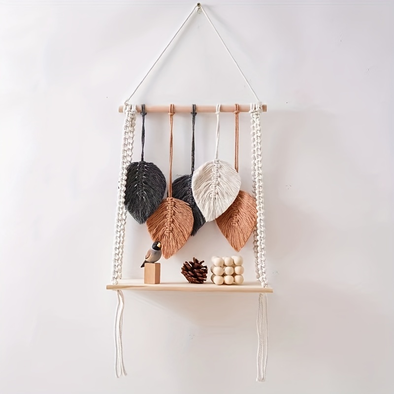 Boho Chic Leaf-Inspired Floating Shelf Handwoven Tapestry Wall Hanging Storage Rack, White Fabric