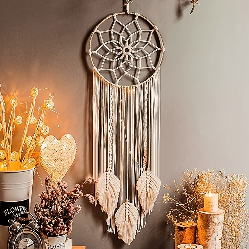 Boho Dream Catcher with Leaves Shaped Tassels - Handcrafted Home Decoration for Good Vibes and Positive Energy