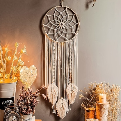 Boho Dream Catcher with Leaves Shaped Tassels - Handcrafted Home Decoration for Good Vibes and Positive Energy