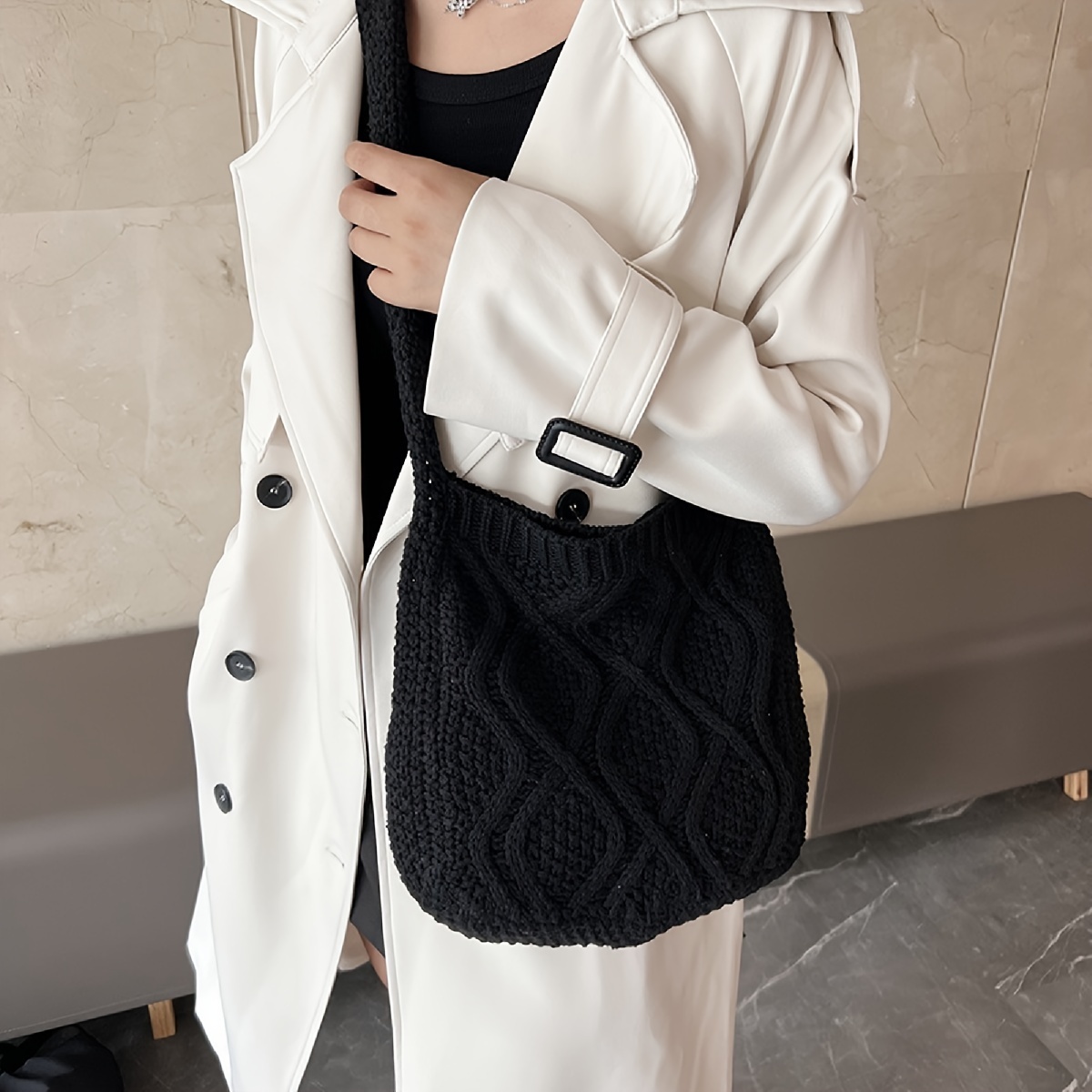 Literary Crochet Shoulder Bag, Women's Simple Woven Handbag, Large Capacity Shopping Bag