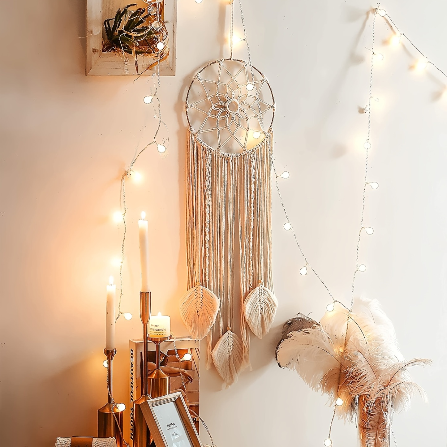 Boho Dream Catcher with Leaves Shaped Tassels - Handcrafted Home Decoration for Good Vibes and Positive Energy