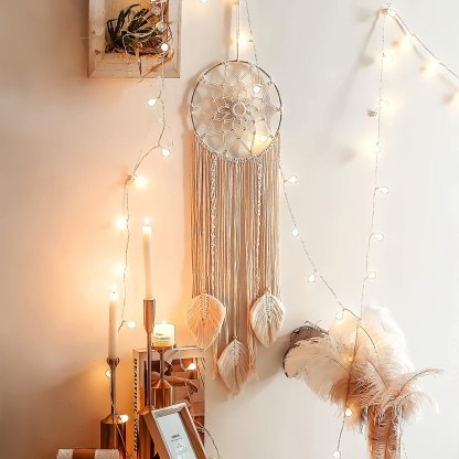 Boho Dream Catcher with Leaves Shaped Tassels - Handcrafted Home Decoration for Good Vibes and Positive Energy