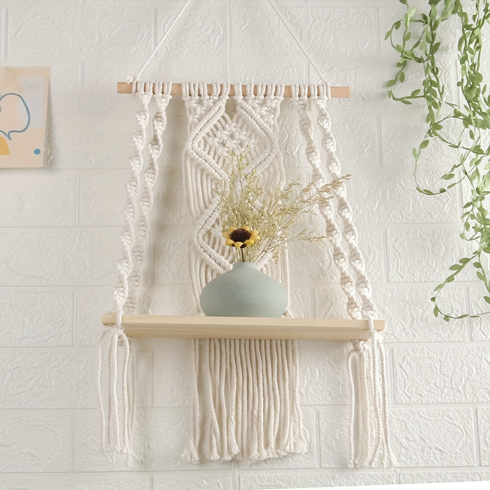 Boho Macrame Wall Shelf, Wall Hanging Storage Shelf, Tassel Woven Macrame Wall Shelf