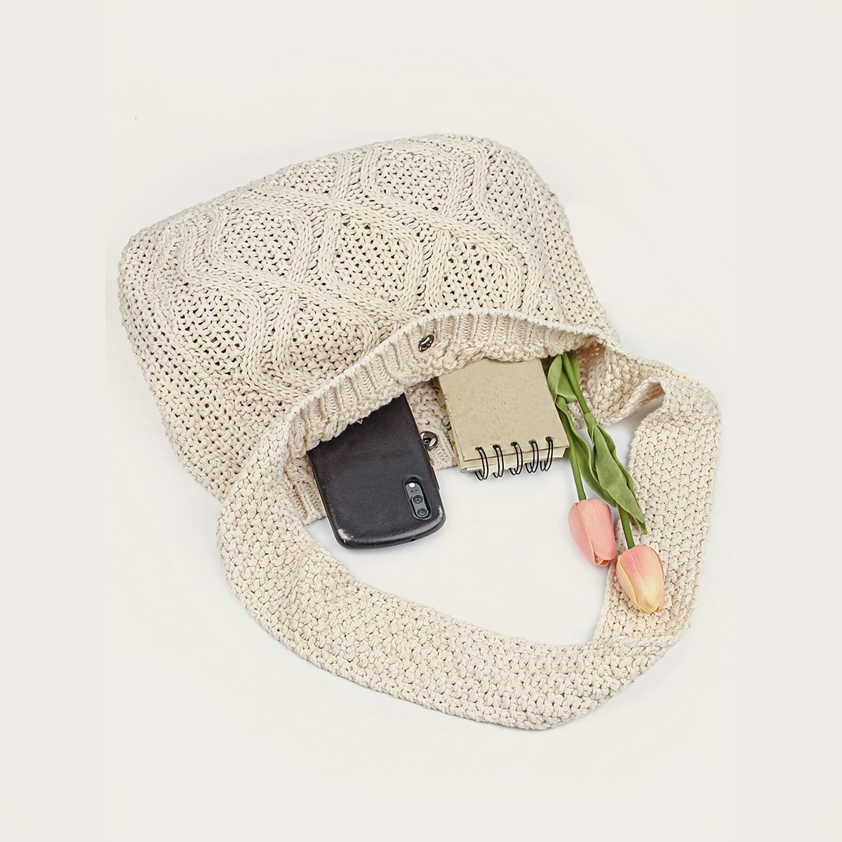 Literary Crochet Shoulder Bag, Women's Simple Woven Handbag, Large Capacity Shopping Bag