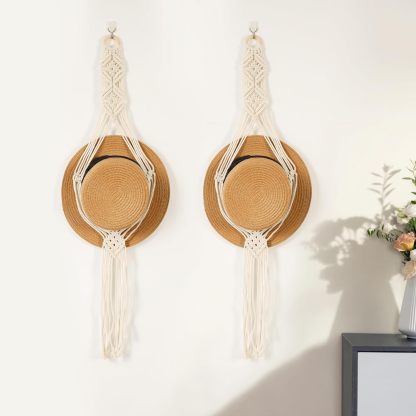 Cowboy Hat Hangers Macrame Hat Racks for Wall 2 Pcs One Hole Hand Weaving Boho Hat Organizer Hanging Display Western Decor