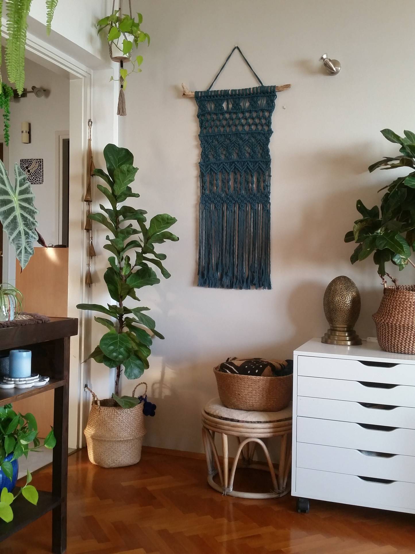 Macramé Wall Hanging Long MacrameTeal Macramé Elegant Macramé Narrow Tapestry Bohemian Wall Decor
