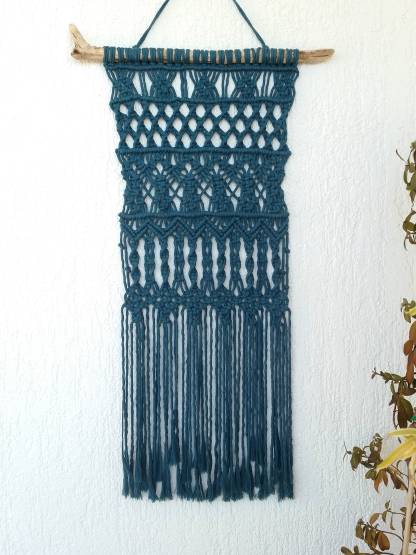 Macramé Wall Hanging Long MacrameTeal Macramé Elegant Macramé Narrow Tapestry Bohemian Wall Decor