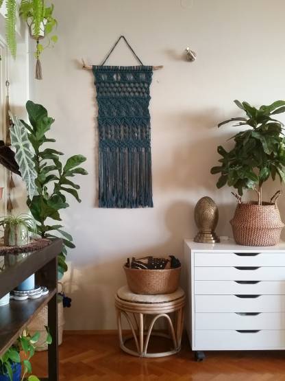 Macramé Wall Hanging Long MacrameTeal Macramé Elegant Macramé Narrow Tapestry Bohemian Wall Decor