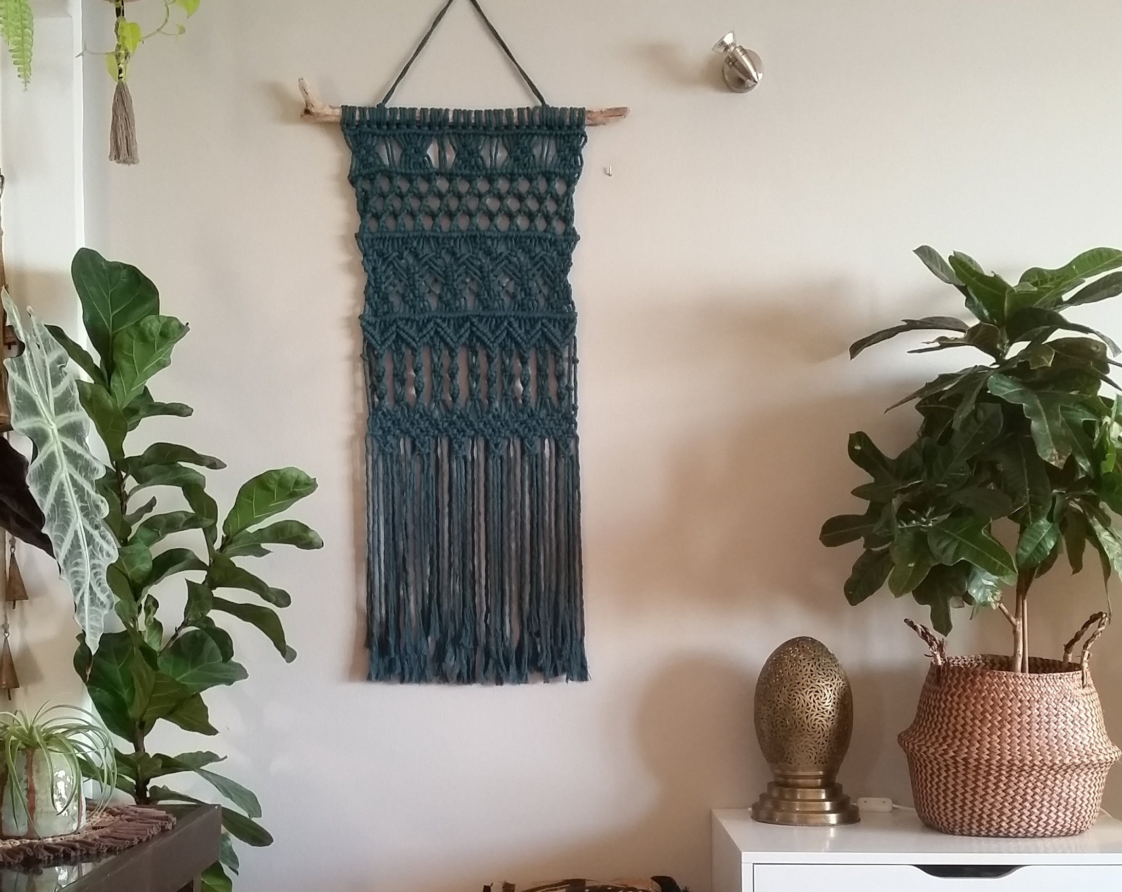 Macramé Wall Hanging Long MacrameTeal Macramé Elegant Macramé Narrow Tapestry Bohemian Wall Decor