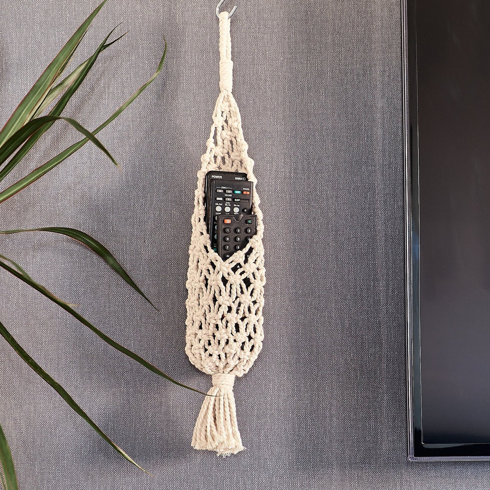 Macrame remote control holder, Wall hanging organizer, Fathers Day gift from daughter, Cottagecore room decor, Home organization