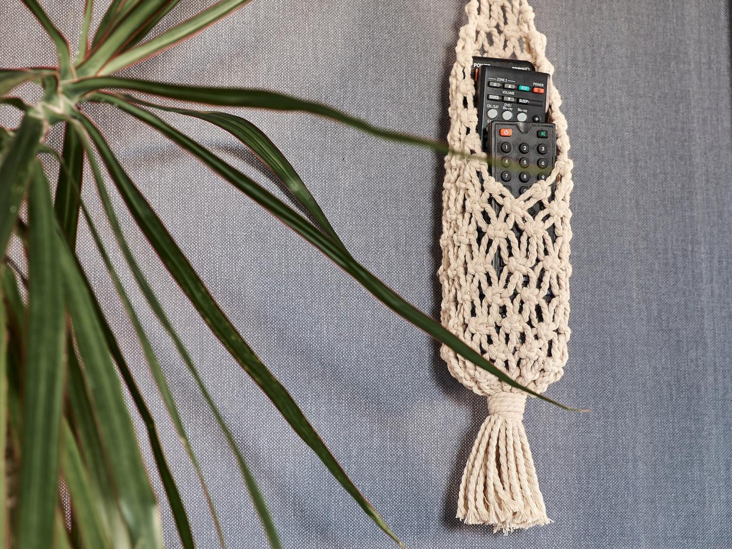 Macrame remote control holder, Wall hanging organizer, Fathers Day gift from daughter, Cottagecore room decor, Home organization