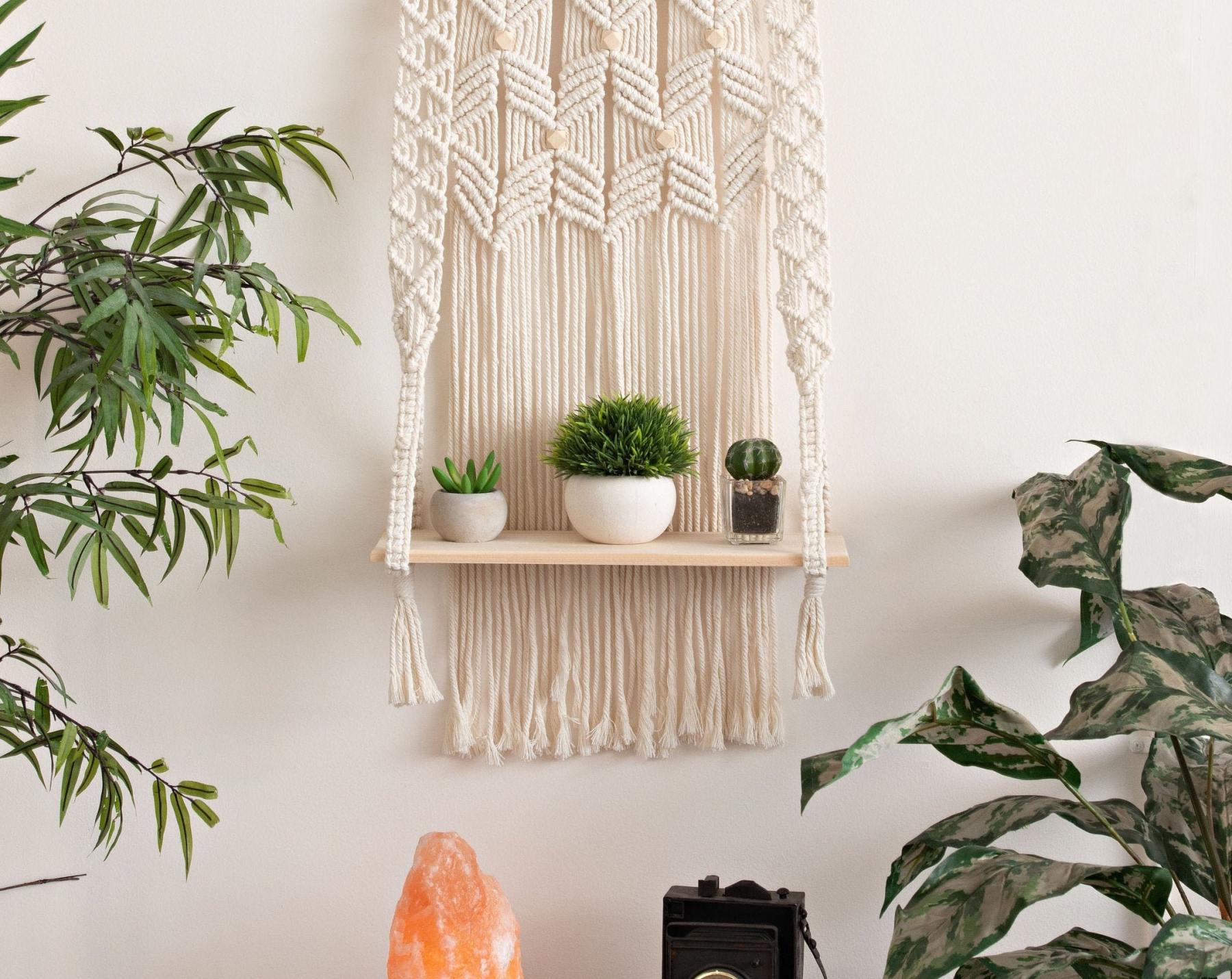 Macrame Wall Hanging Shelf, Boho Wall Decor,Woven Rope Bohemian Shelves,