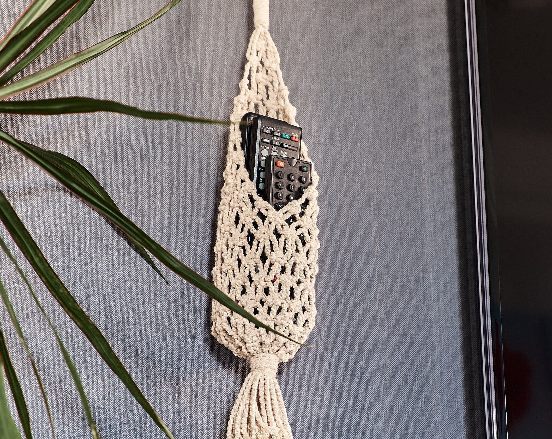 Macrame remote control holder, Wall hanging organizer, Fathers Day gift from daughter, Cottagecore room decor, Home organization