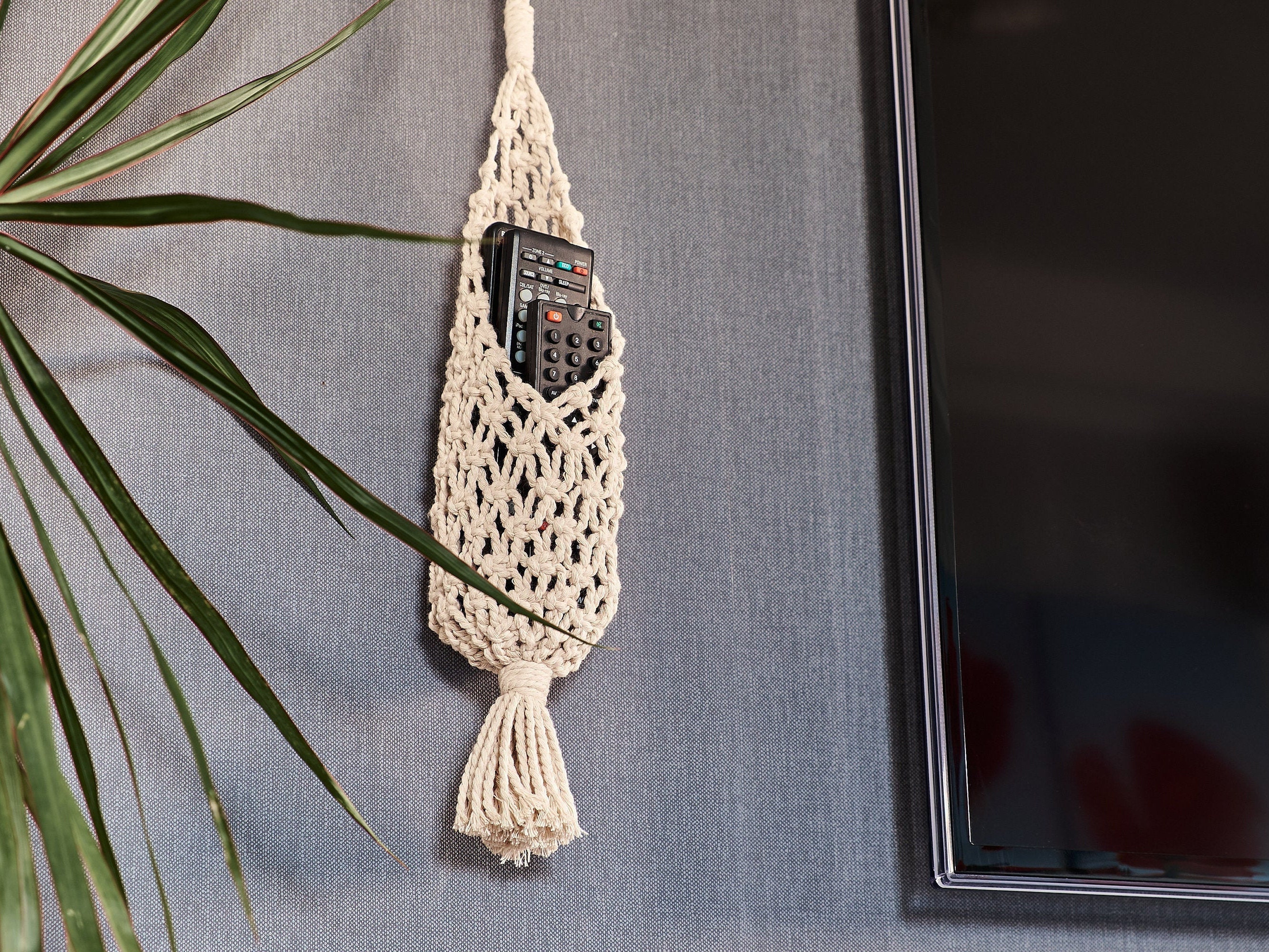 Macrame remote control holder, Wall hanging organizer, Fathers Day gift from daughter, Cottagecore room decor, Home organization