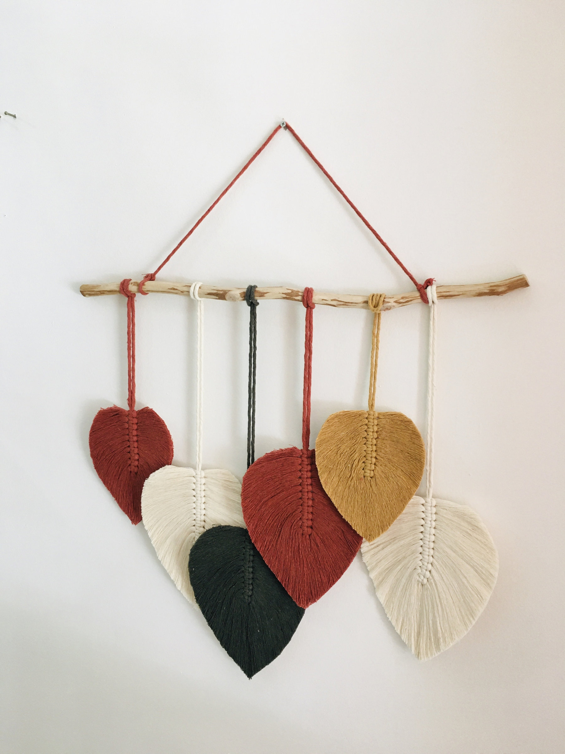 Large Macrame Boho Feather Leaves Wall Art, Brick Red & White Woven Wall Hanging