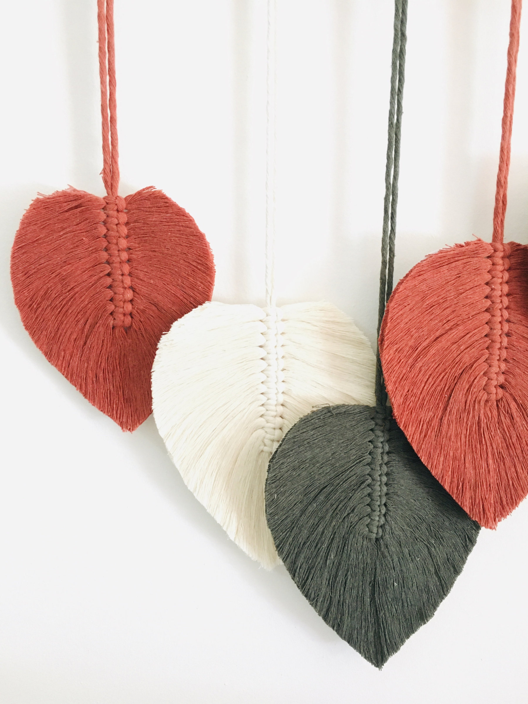 Large Macrame Boho Feather Leaves Wall Art, Brick Red & White Woven Wall Hanging