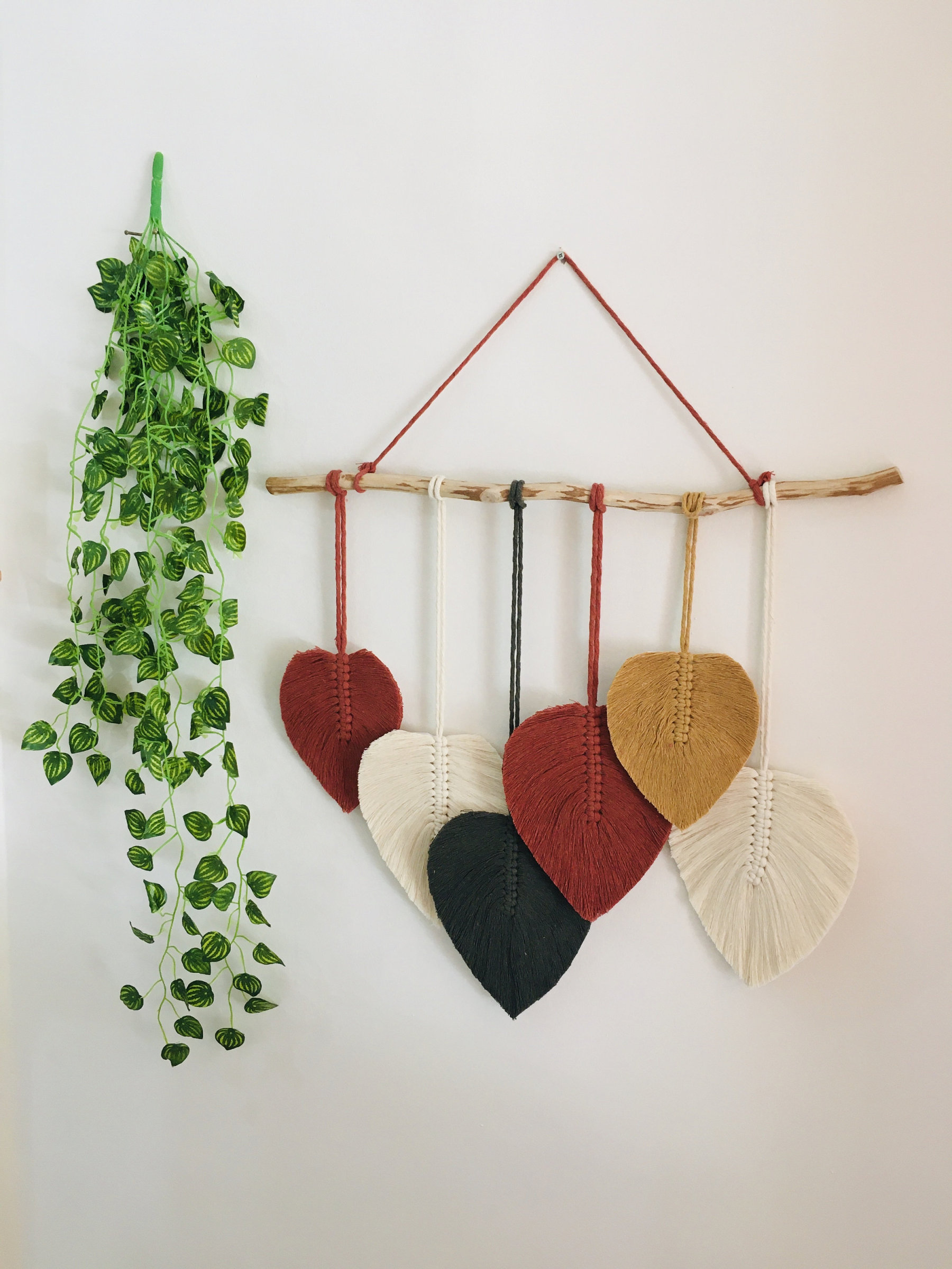 Large Macrame Boho Feather Leaves Wall Art, Brick Red & White Woven Wall Hanging