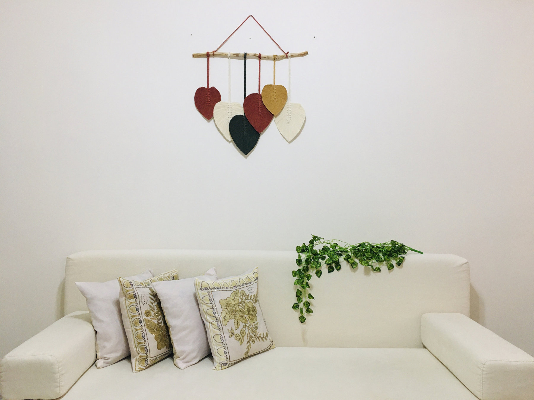 Large Macrame Boho Feather Leaves Wall Art, Brick Red & White Woven Wall Hanging