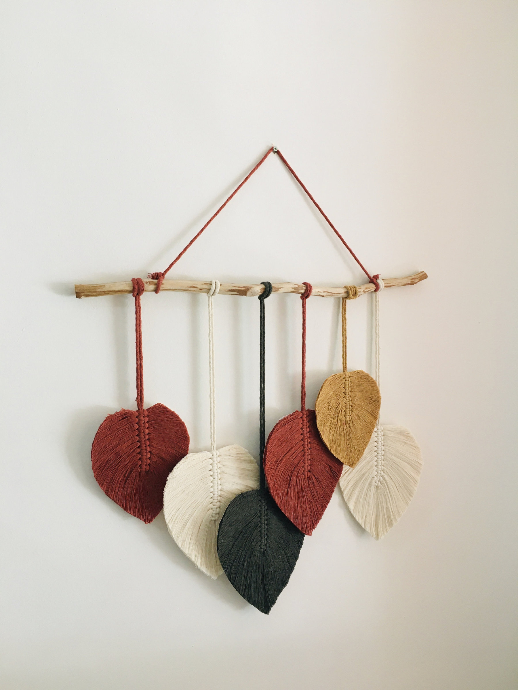 Large Macrame Boho Feather Leaves Wall Art, Brick Red & White Woven Wall Hanging