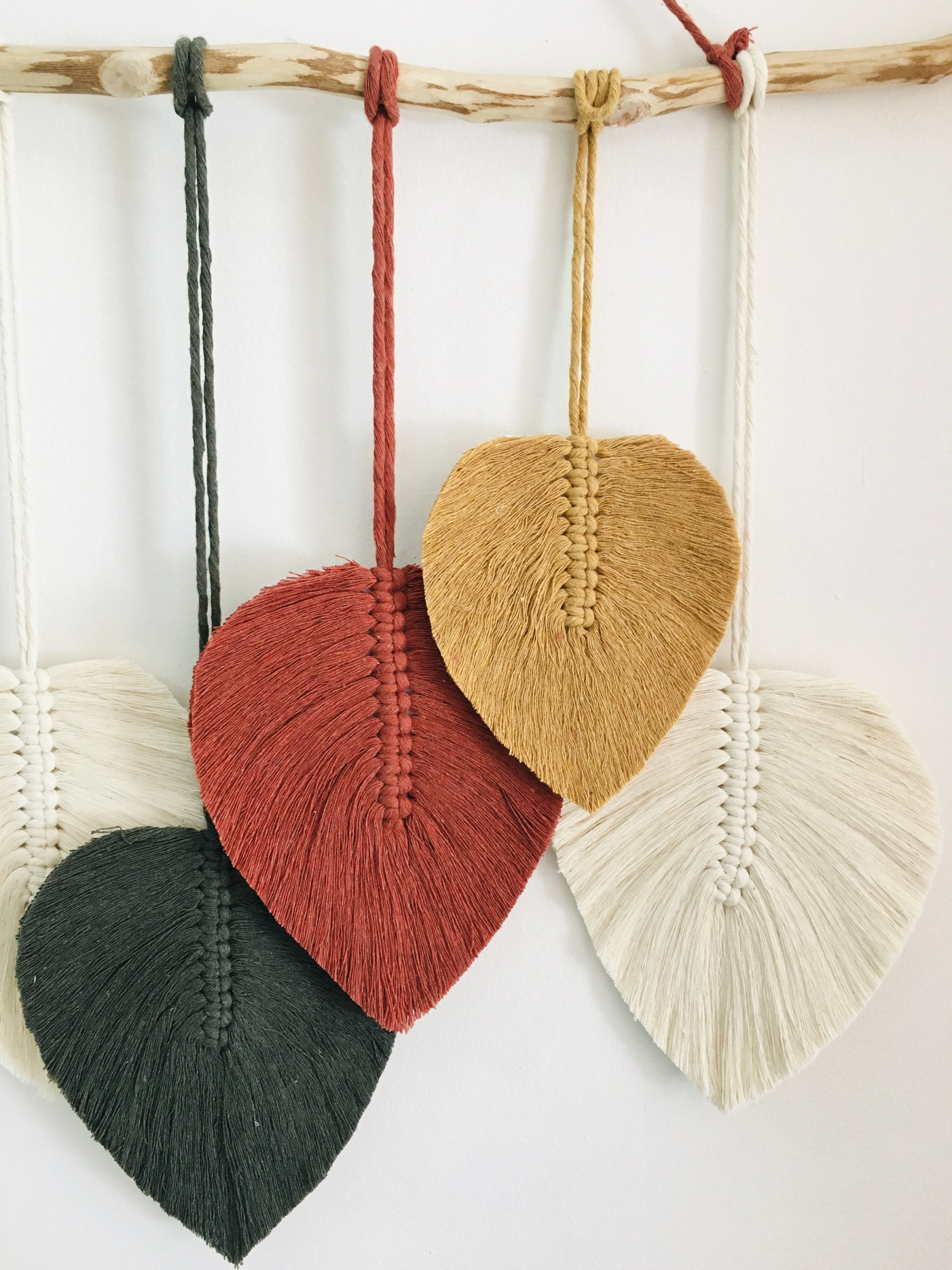 Large Macrame Boho Feather Leaves Wall Art, Brick Red & White Woven Wall Hanging