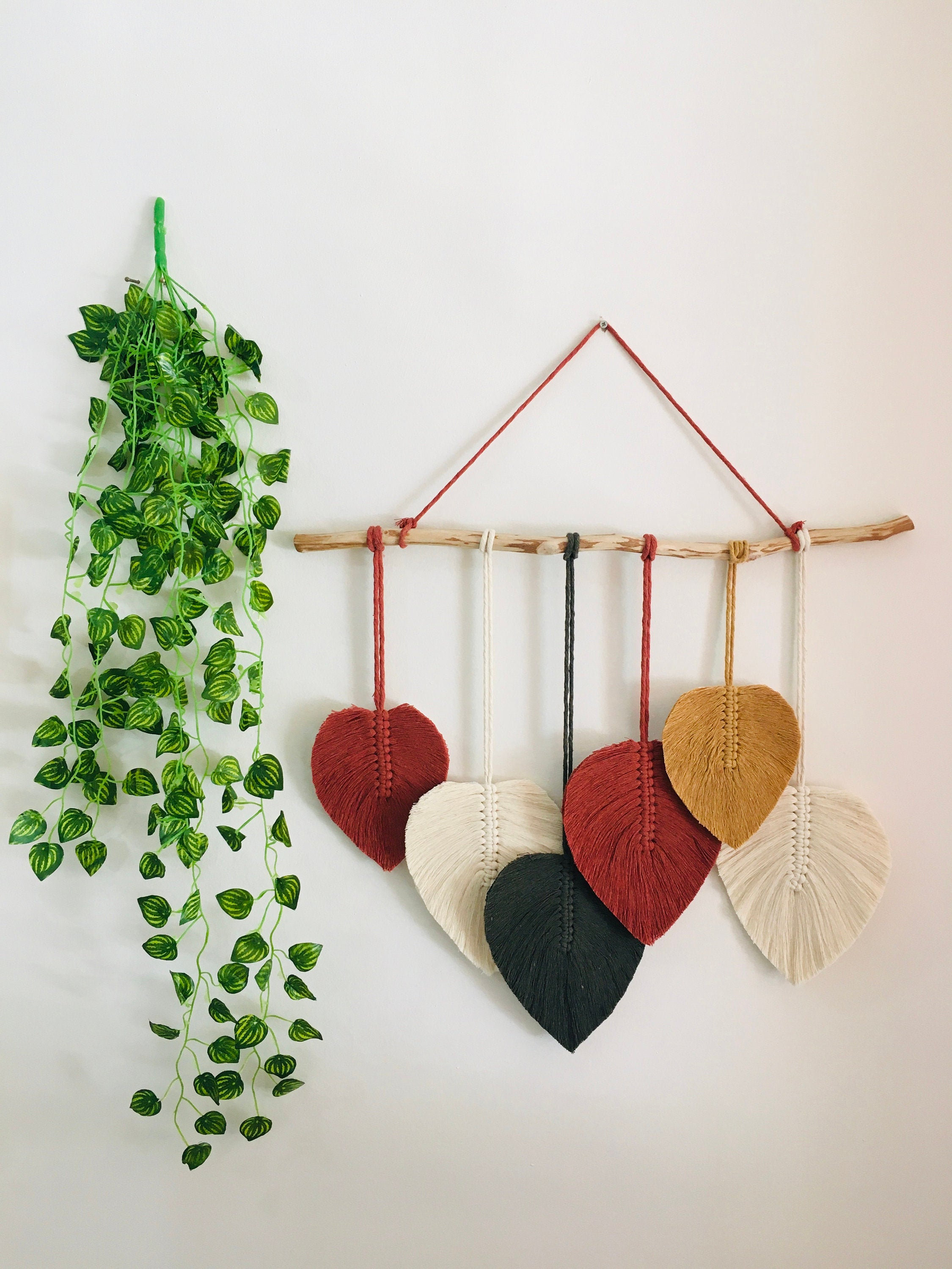 Large Macrame Boho Feather Leaves Wall Art, Brick Red & White Woven Wall Hanging