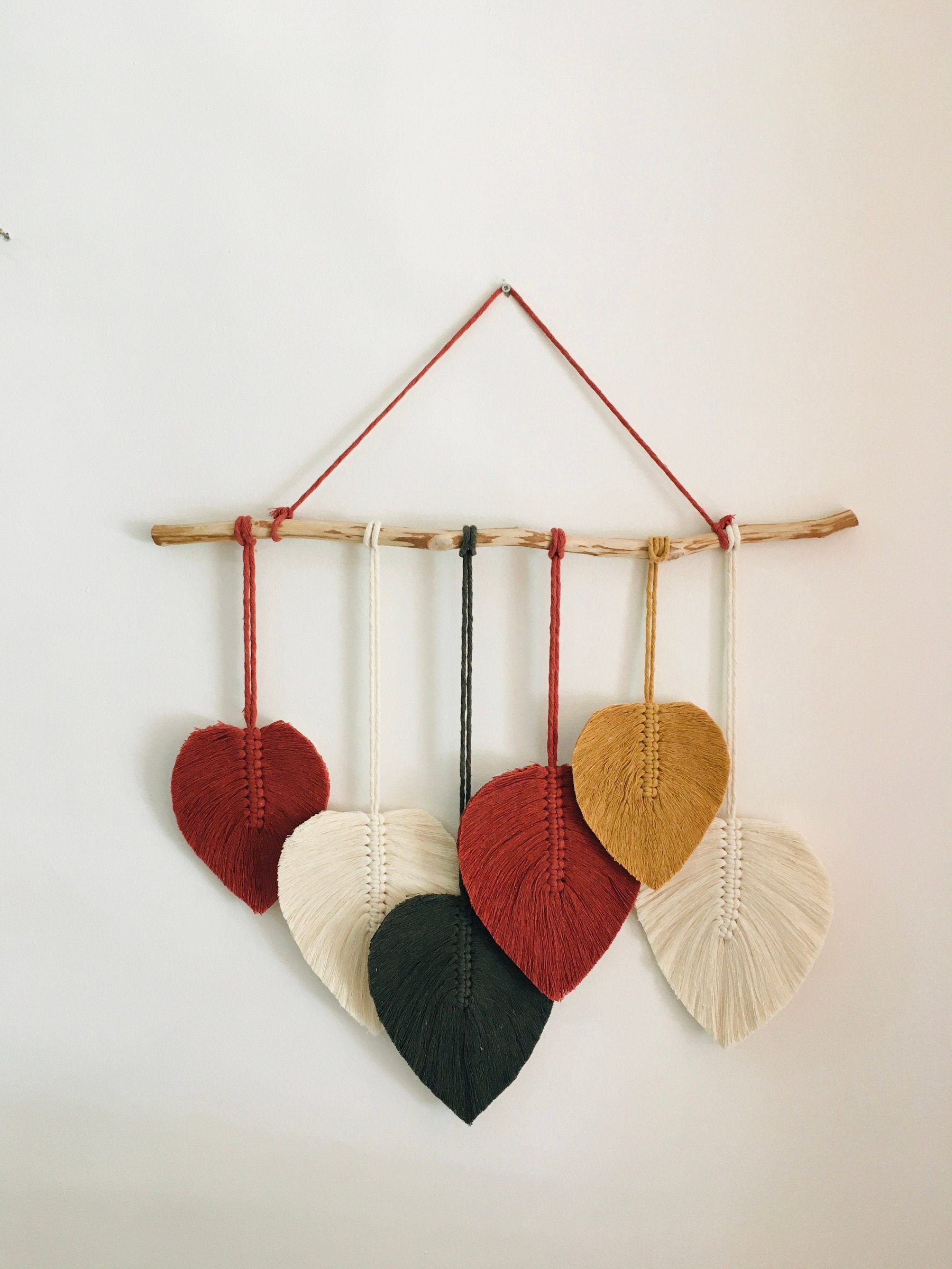 Large Macrame Boho Feather Leaves Wall Art, Brick Red & White Woven Wa