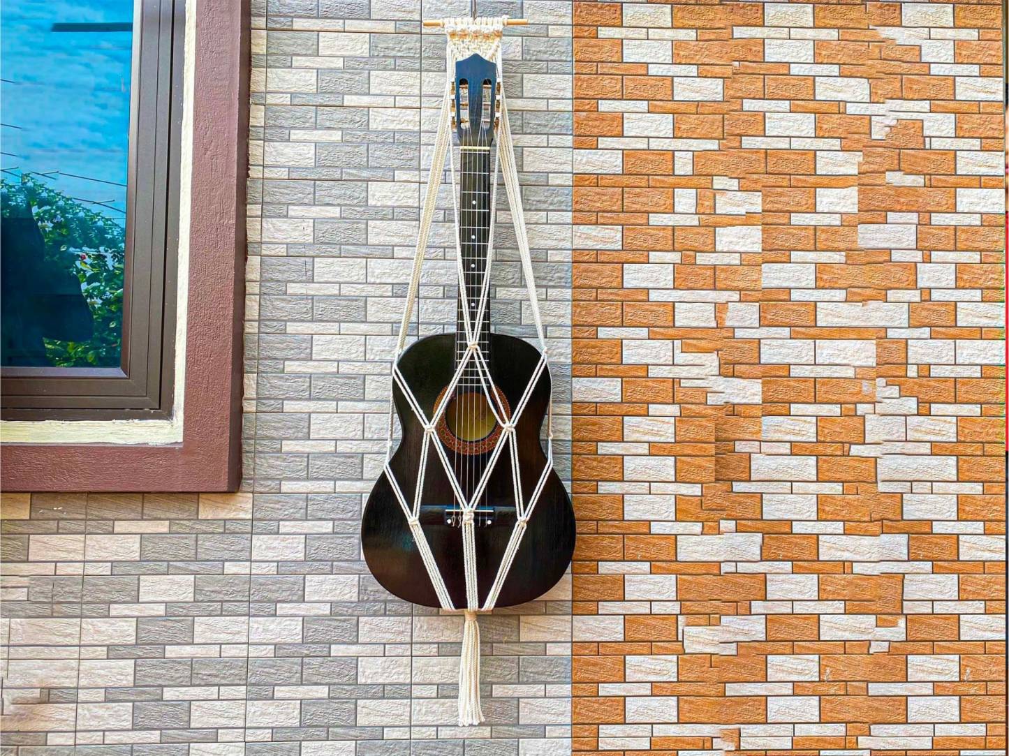 Original Macrame Guitar Wall Hanging, Ukulele Wall Mount, Instrument Hanger, Handmade Ukulele Guitar Hanger Boho Guitar Holder
