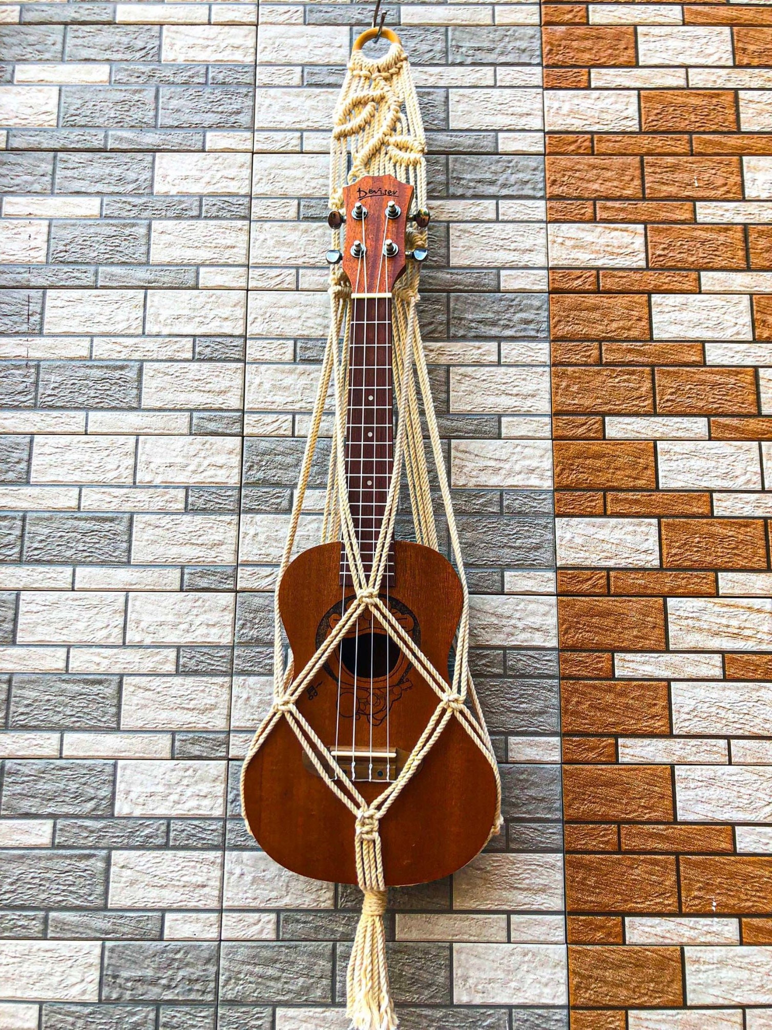 Original Macrame Guitar Wall Hanging, Ukulele Wall Mount, Instrument Hanger, Handmade Ukulele Guitar Hanger Boho Guitar Holder