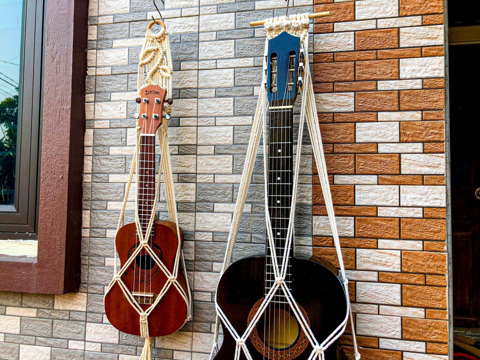 Original Macrame Guitar Wall Hanging, Ukulele Wall Mount, Instrument Hanger, Handmade Ukulele Guitar Hanger Boho Guitar Holder