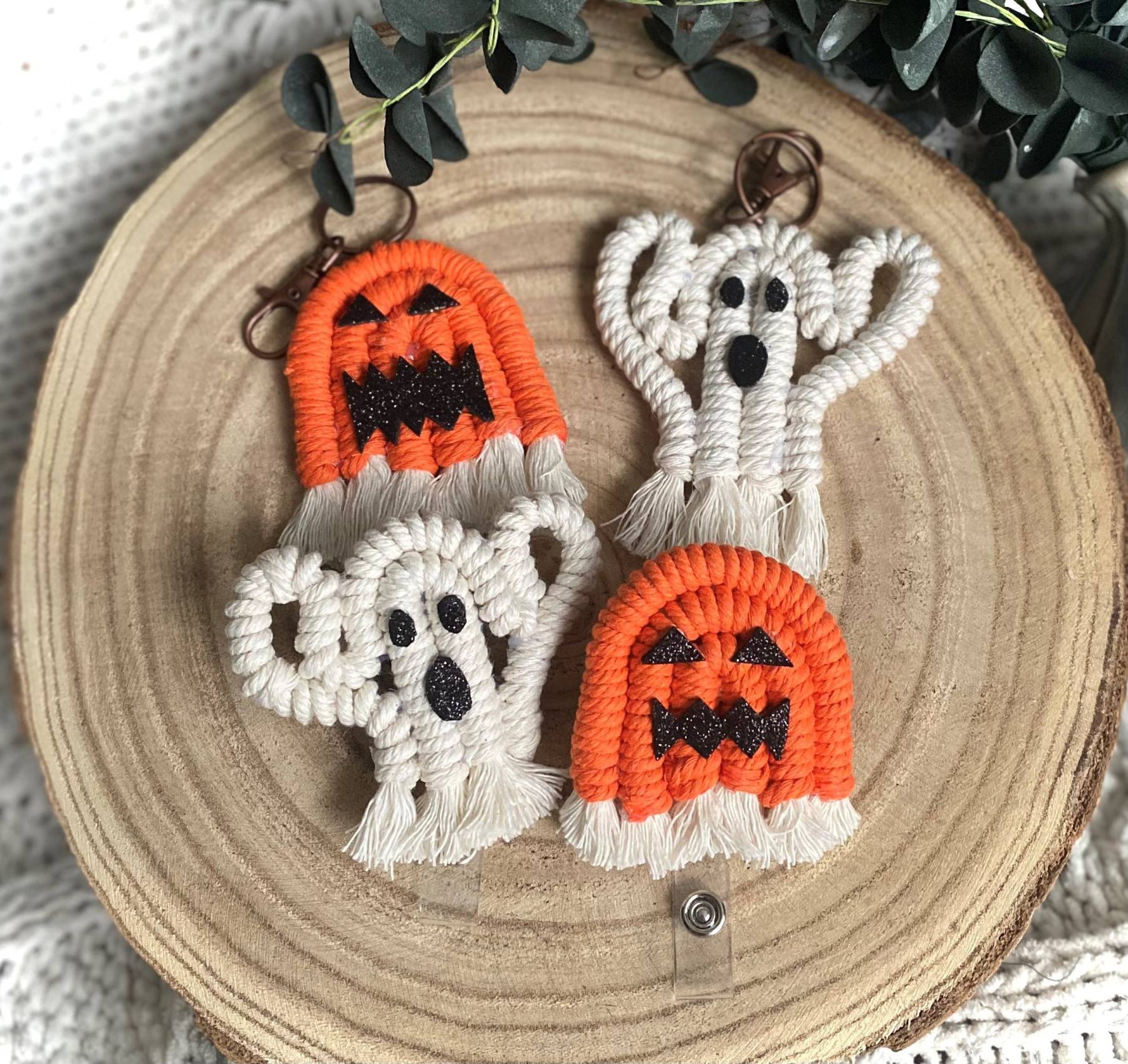 Halloween Macrame Badge Reel, Retractable Reel, Pumpkin Keychains