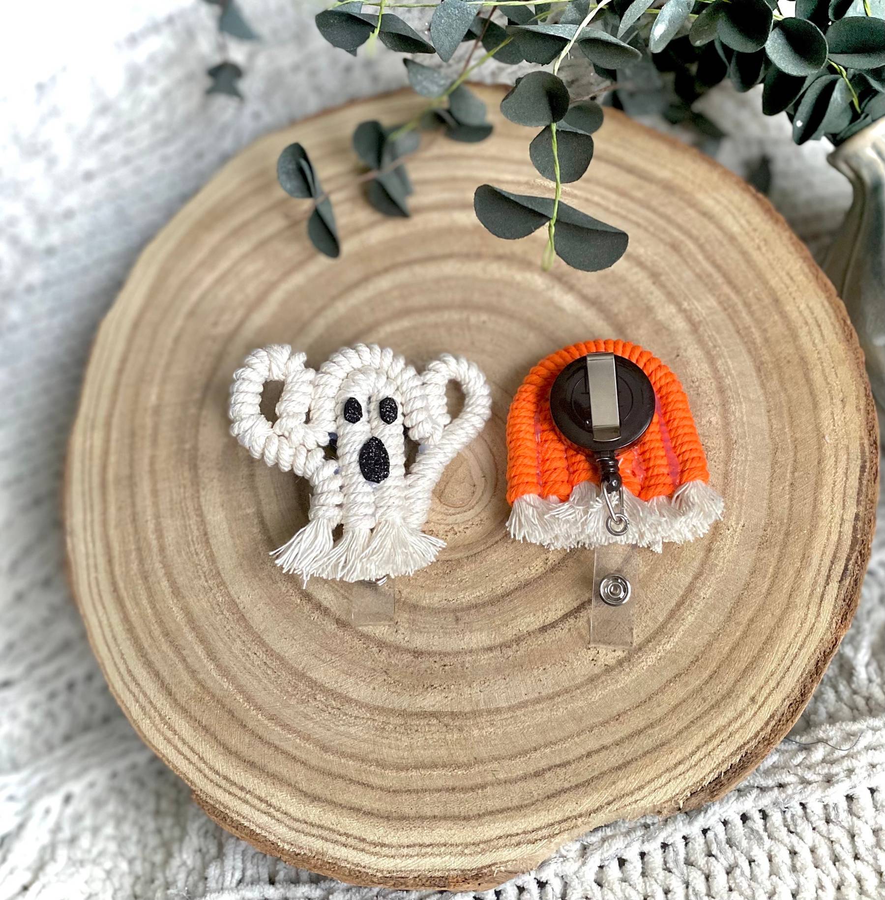 Halloween Macrame Badge Reel, Retractable Reel, Pumpkin Keychains