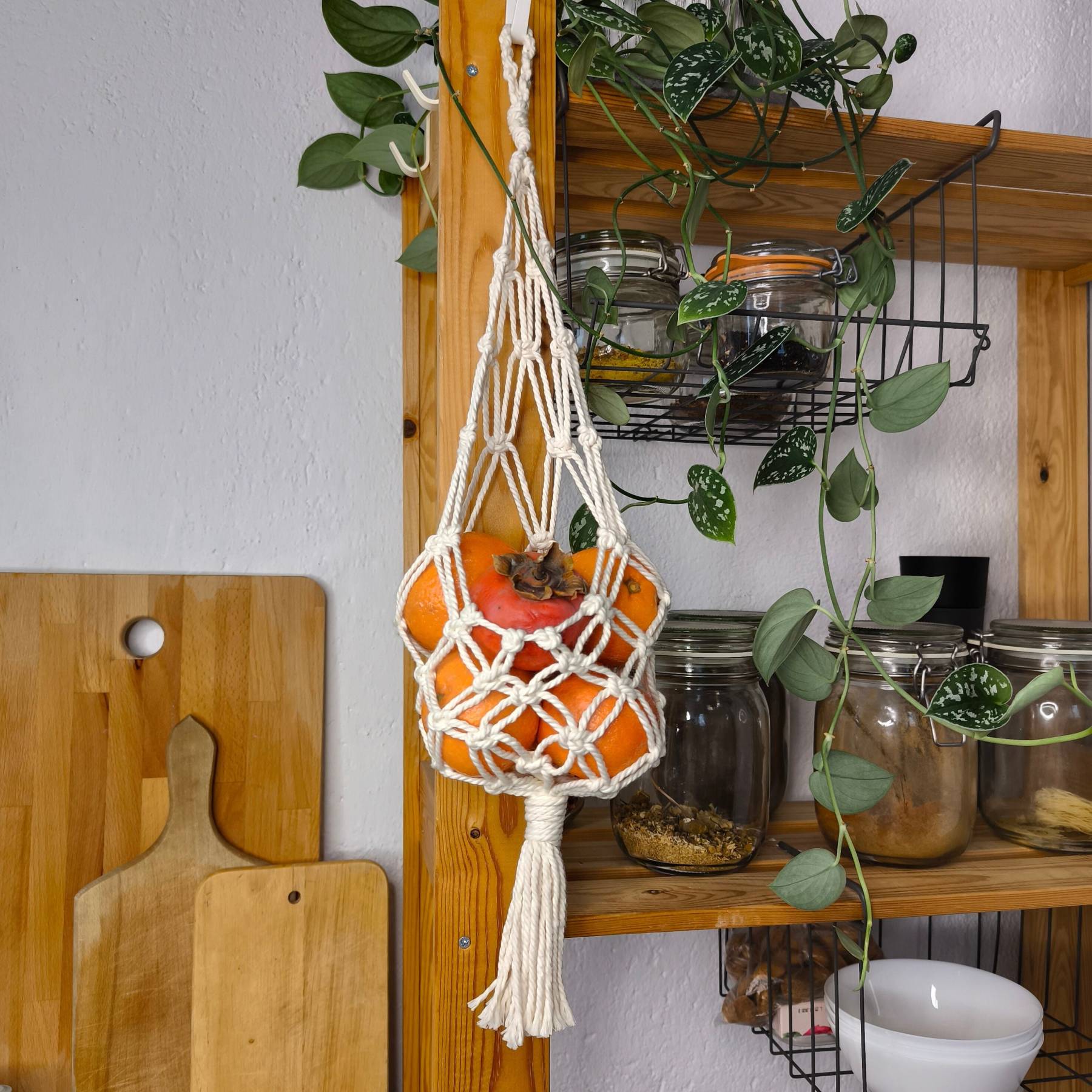 Fabric Hanging Fruit Bag, Macrame Fruit Hanger, Hanging Vegetable Bask