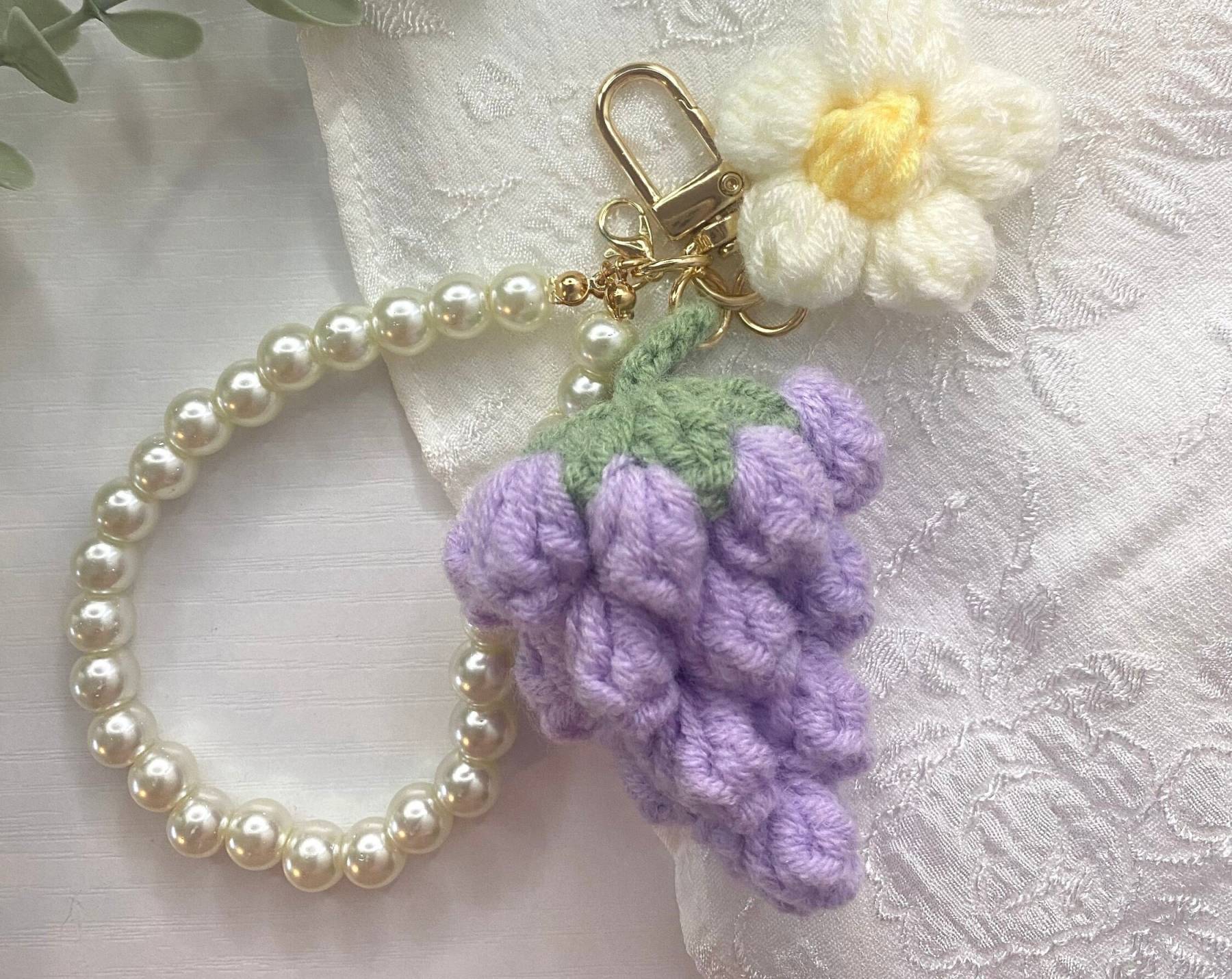 Handmade Crochet Keychain - Fruit and Flower Keychain - Bag Accessory - Grape, Flower and Pearl Chain Key Lanyard - Crochet Gift