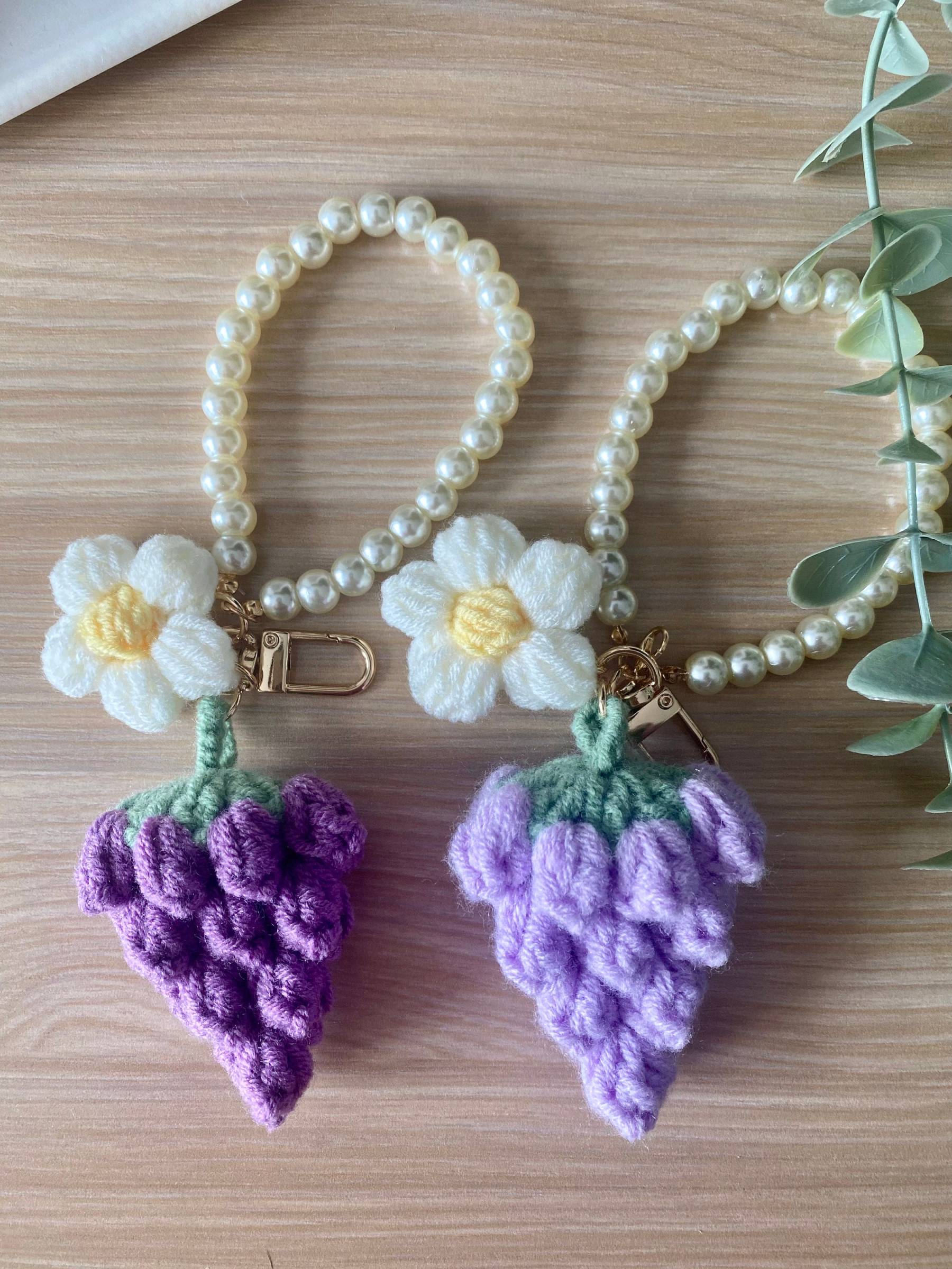Handmade Crochet Keychain - Fruit and Flower Keychain - Bag Accessory - Grape, Flower and Pearl Chain Key Lanyard - Crochet Gift